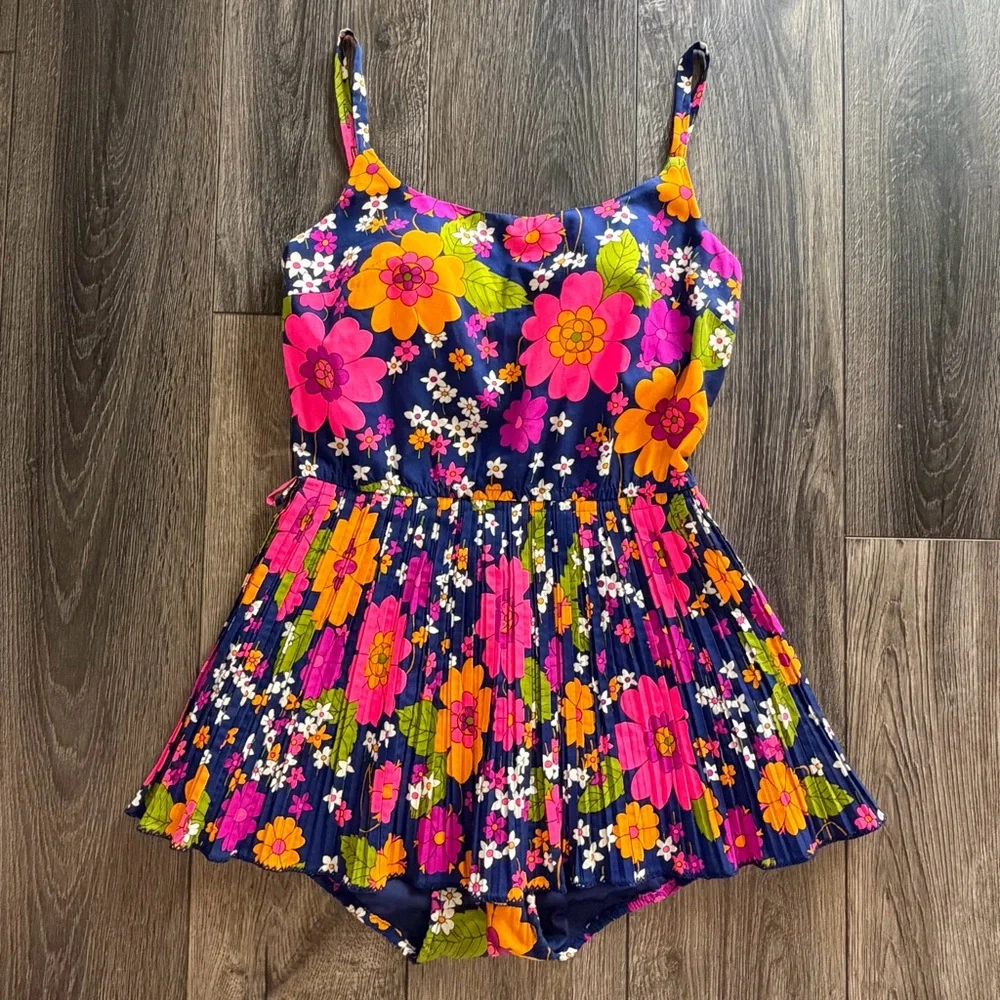 Sandcastle Vintage Floral Pleated Swim Dress Navy Pink Size 10 Retro Mod - Picture 5 of 16